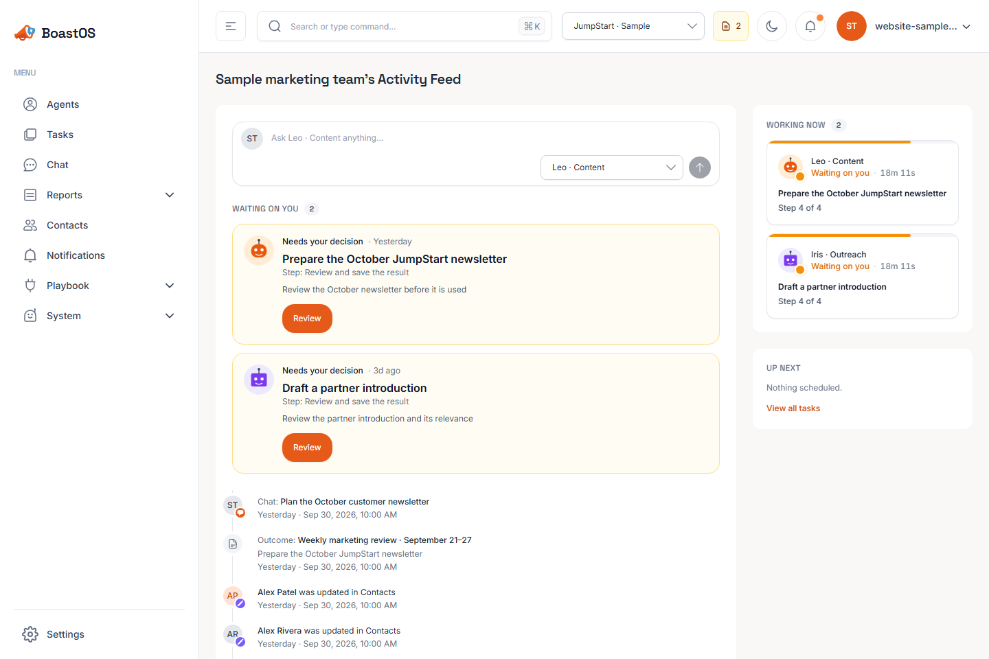 BoastOS sample workspace showing marketing agents, a newsletter awaiting approval, and completed reports