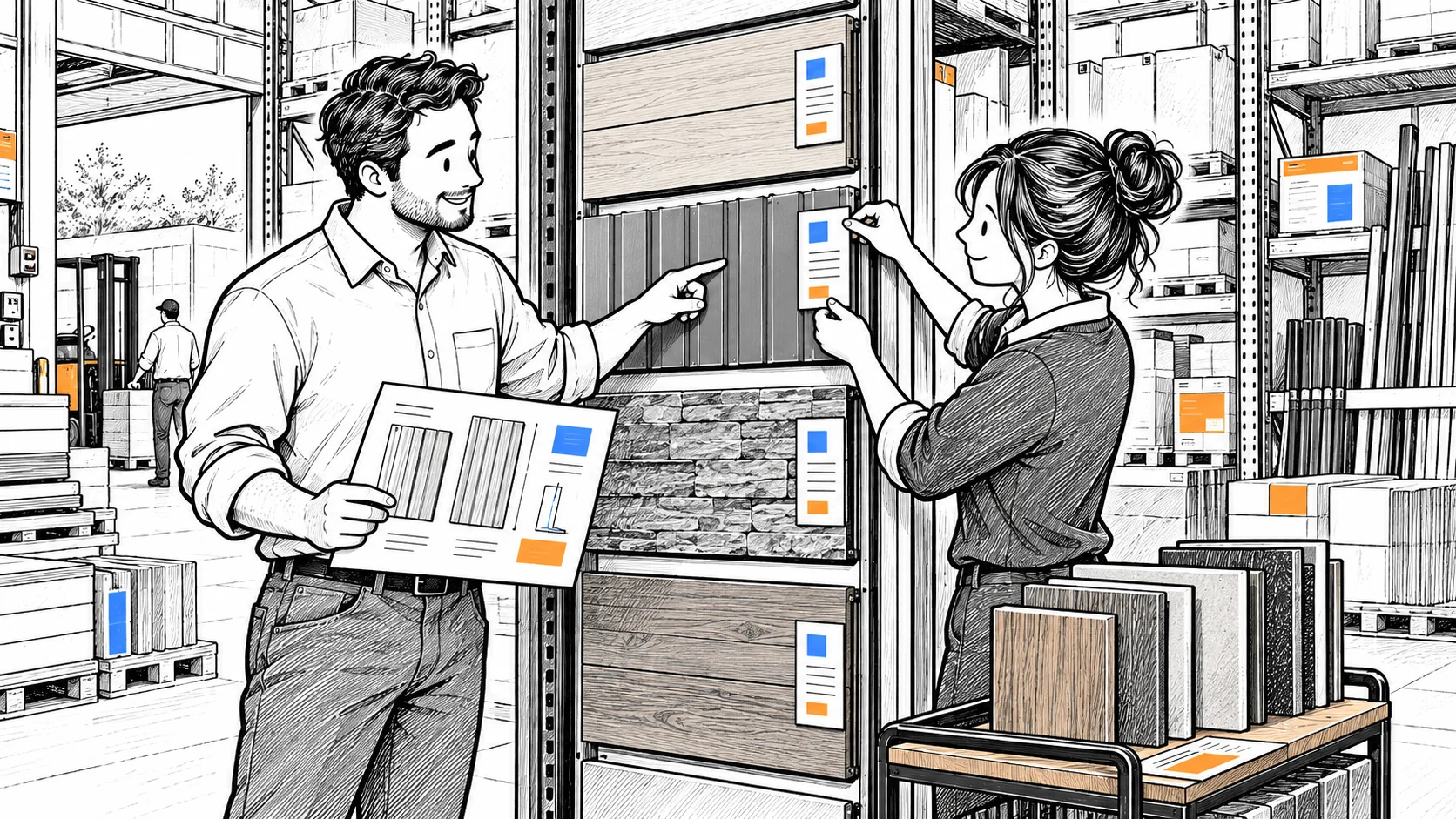 A distributor's product manager compares a specification sheet with sample panels while a marketer attaches a buyer-information card to the warehouse display.