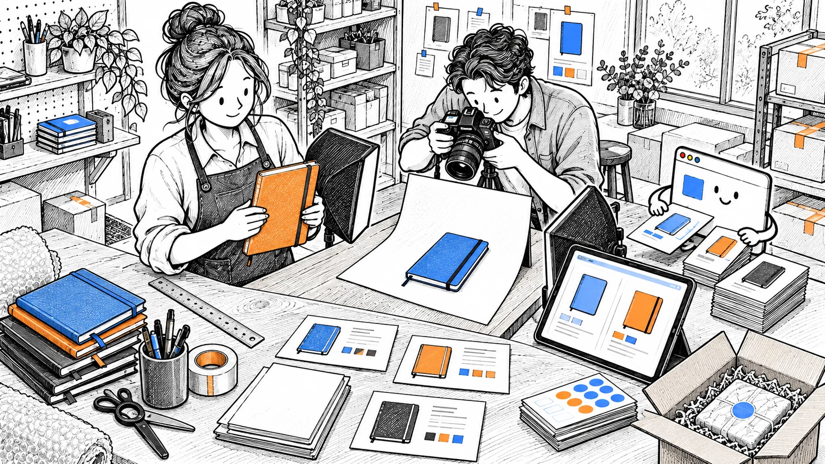 A specialty online retailer photographs two different notebooks beside specification cards, a ruler and packing materials while a browser-window helper organizes product information.