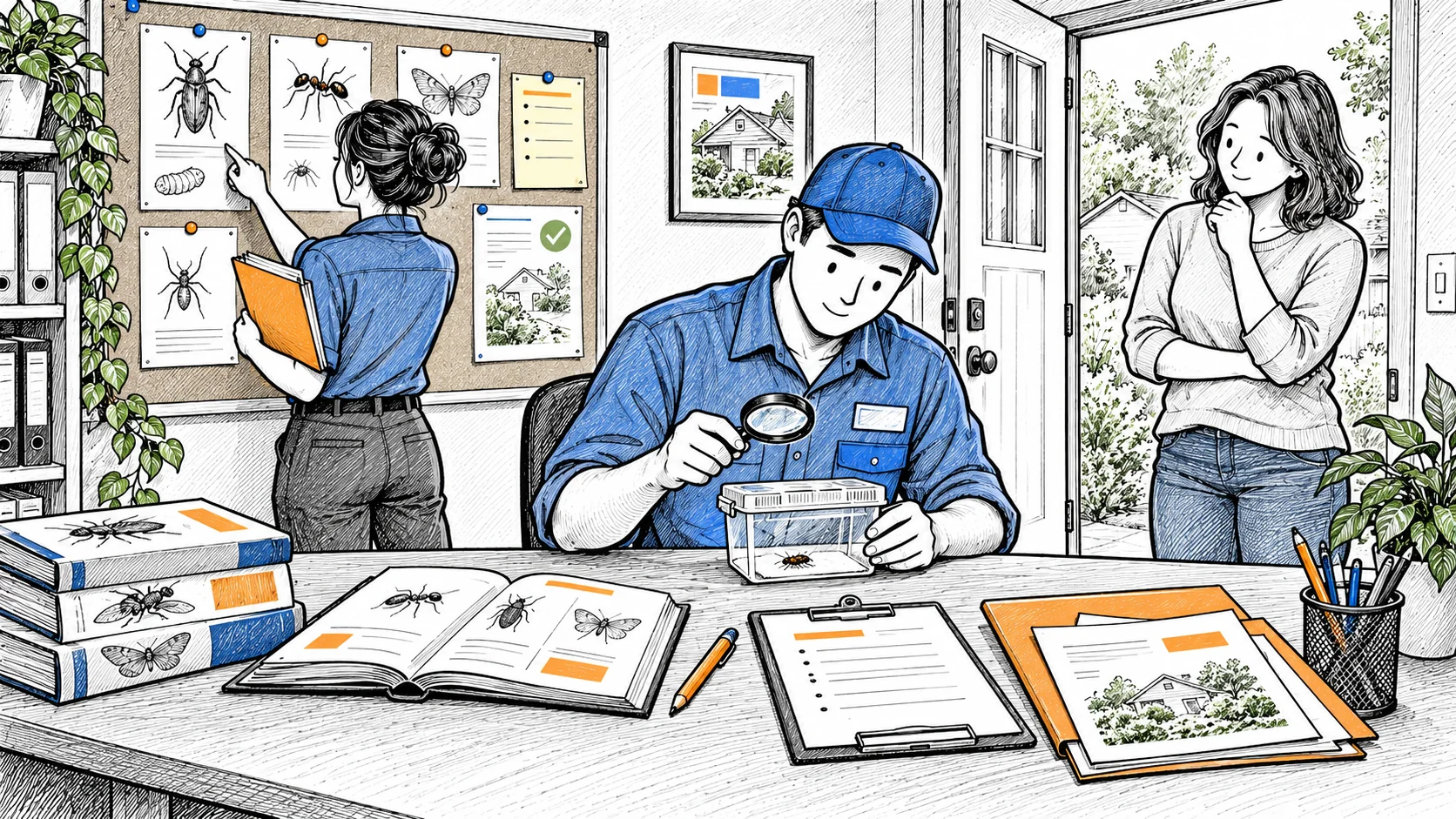 A pest-control professional examines a sealed specimen container while a colleague reviews identification notes and a customer education draft.