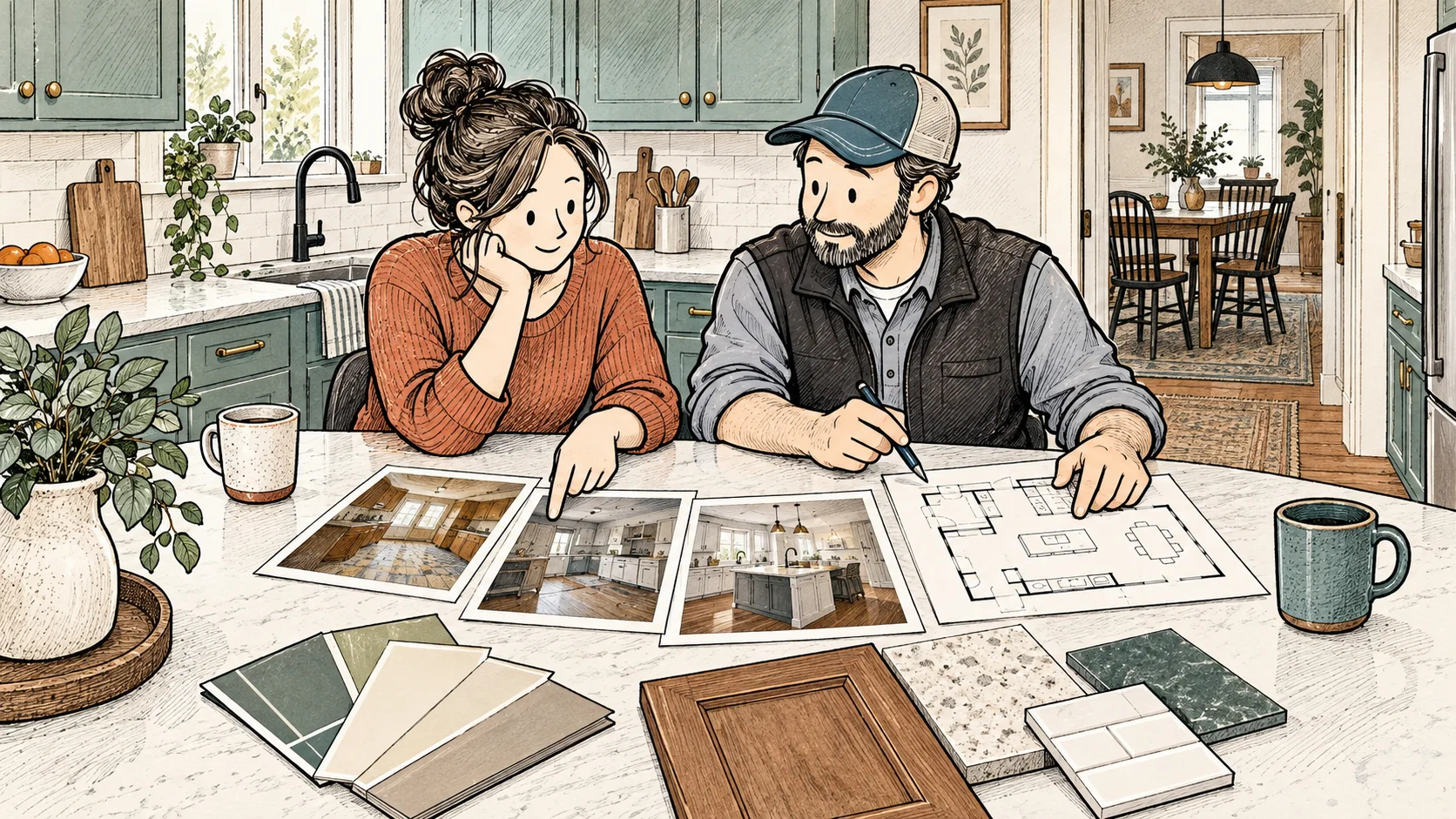 A remodeler and homeowner compare kitchen progress photographs, a floor plan and finish samples during a consultation.