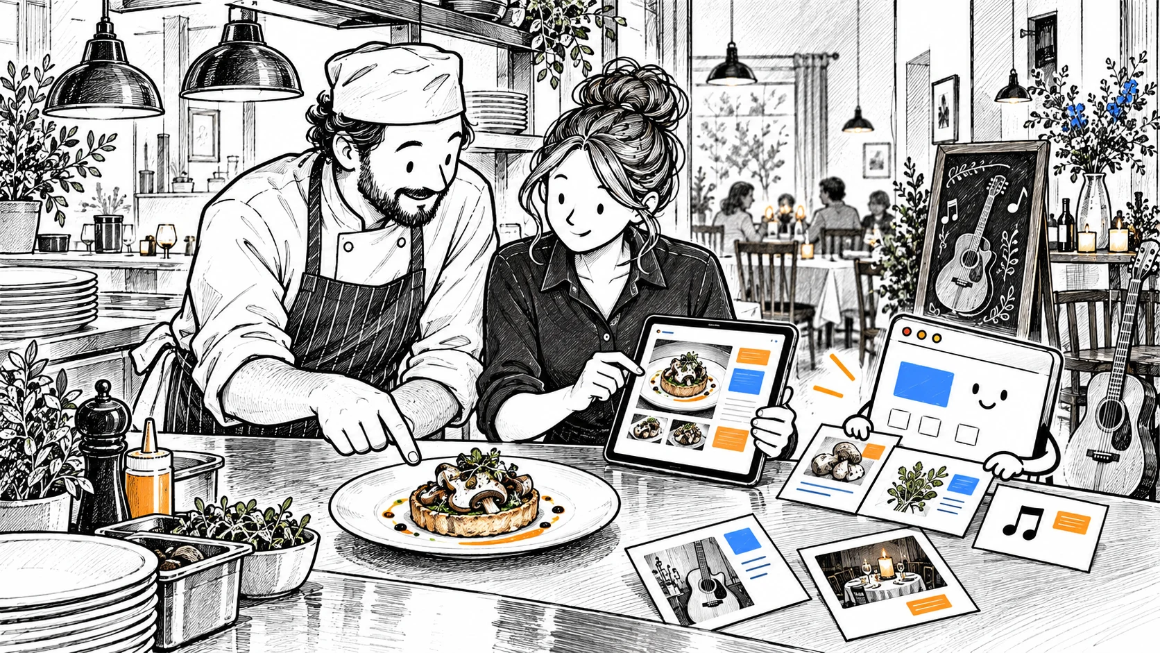 A restaurant chef and manager check a menu beside a plated tart and an acoustic supper board while a browser-window helper organizes an invitation.