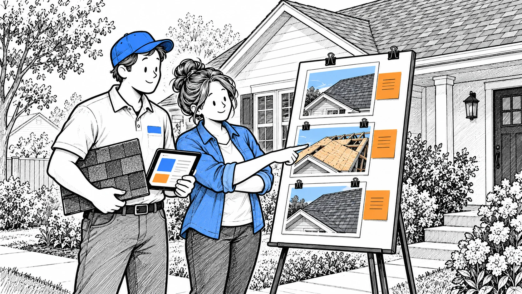 A roofing estimator and colleague review roof-project photographs and shingle samples beside a house.