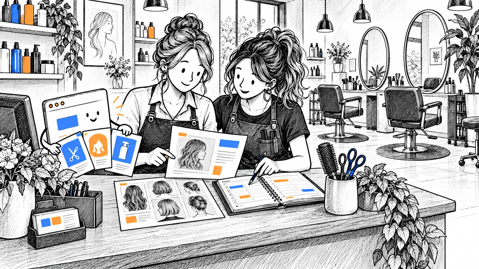 A salon owner and stylist review a promotion sheet, styling photos and an appointment book at reception beside oval mirrors and empty styling chairs.