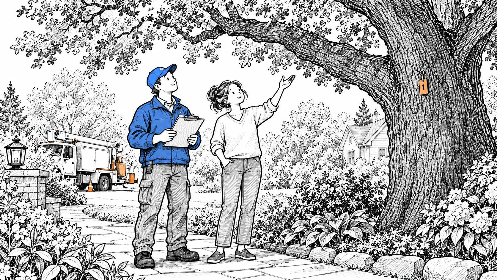 An arborist and homeowner look up at a mature oak beside a garden path while reviewing a clipboard, with a tree-service truck in the background.